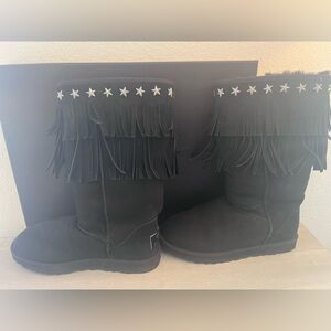 UGG by Jimmy Choo Vintage Black Fringe Boots with Star Accents